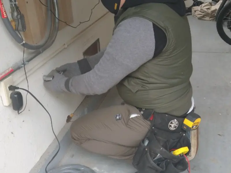 Electrician performing outlet wiring in a Edinboro garage